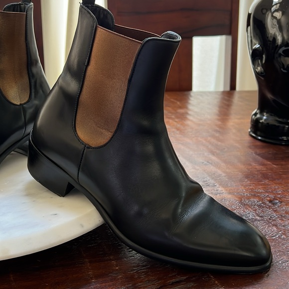 DOUCAL'S Men's Italian Ankle Chelsea Leather Boots Black Metallic Copper Band 40 - Picture 1 of 12